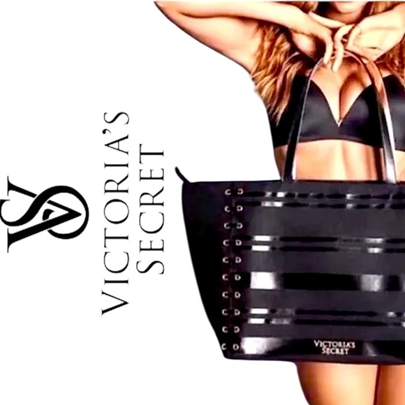 Victoria’s Secret Weekender Tote Black Corset Lace Rose Gold Accents Zipper - Picture 1 of 12